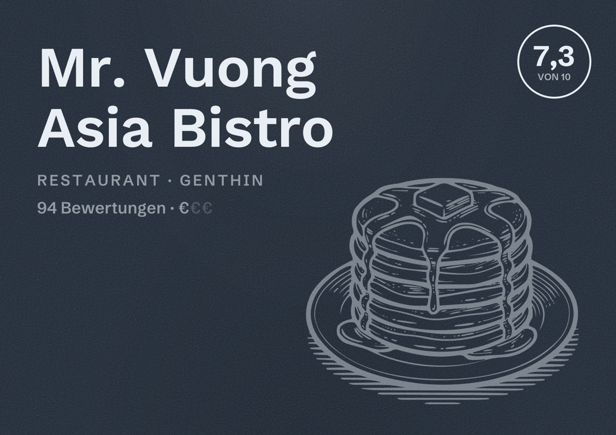Illustriertes Poster von Mr. Vuong Asia Bistro, Restaurant in Genthin: Bewertung 7,3 von 10 aus 94 Bewertungen, Preisniveau €