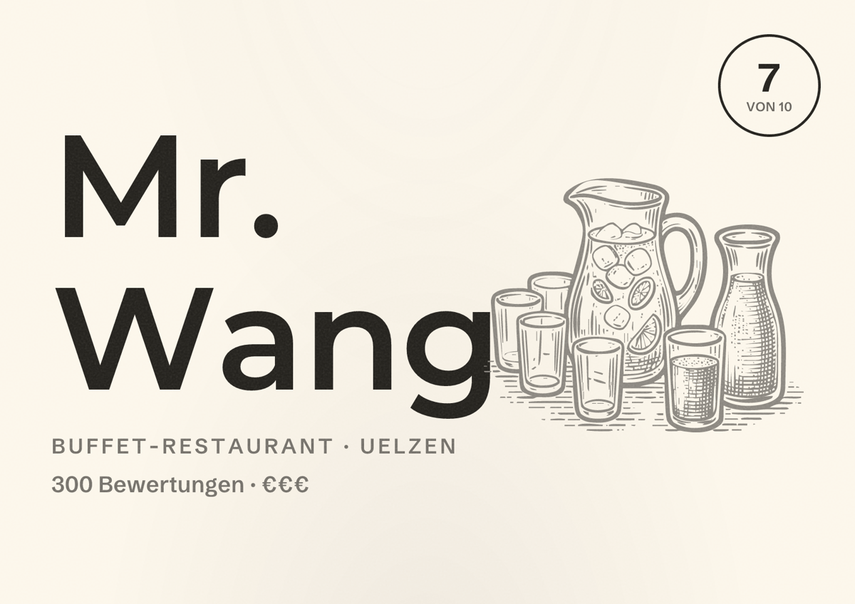 Illustriertes Poster von Mr. Wang, Buffet-Restaurant in Uelzen: Bewertung 7 von 10 aus 300 Bewertungen, Preisniveau €€€