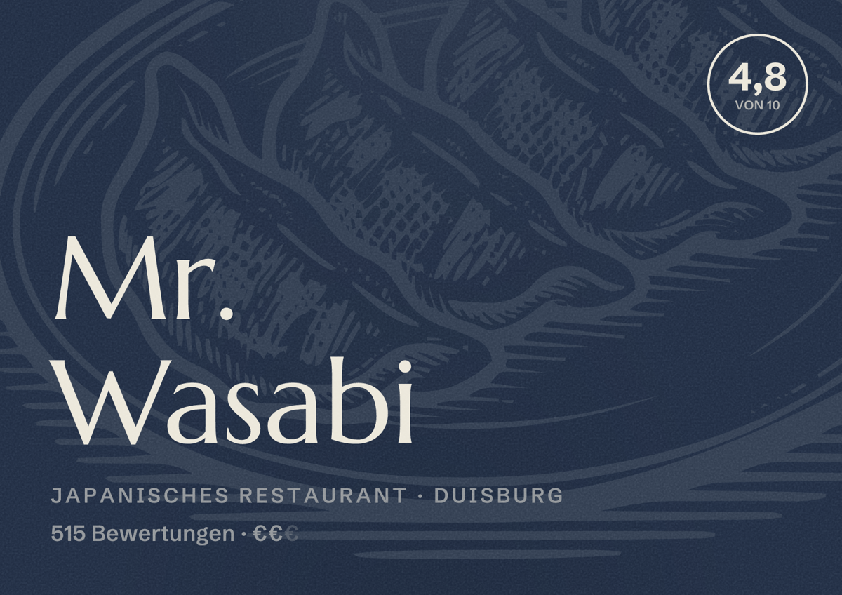 Illustriertes Poster von Mr. Wasabi, Japanisches Restaurant in Duisburg: Bewertung 4,8 von 10 aus 515 Bewertungen, Preisniveau €€