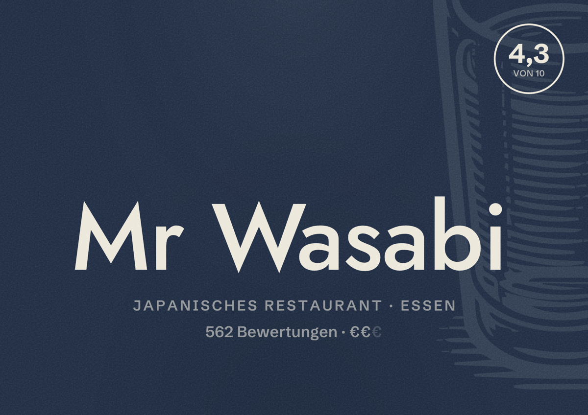 Illustriertes Poster von Mr Wasabi, Japanisches Restaurant in Essen: Bewertung 4,3 von 10 aus 562 Bewertungen, Preisniveau €€