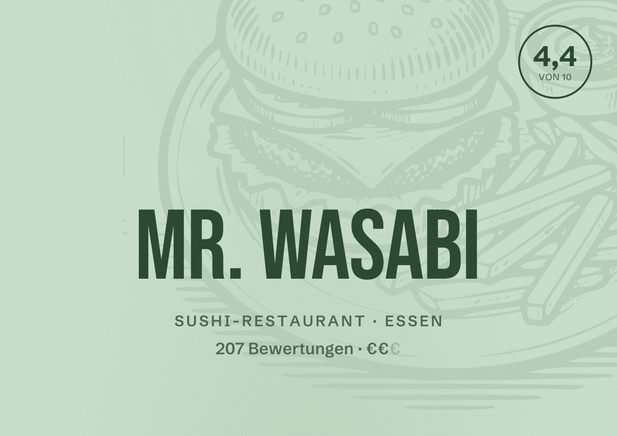 Illustriertes Poster von Mr. Wasabi, Sushi-Restaurant in Essen: Bewertung 4,4 von 10 aus 207 Bewertungen, Preisniveau €€