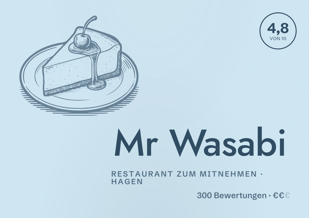 Illustriertes Poster von Mr Wasabi, Restaurant zum Mitnehmen in Hagen: Bewertung 4,8 von 10 aus 300 Bewertungen, Preisniveau €€