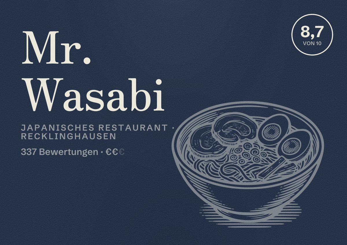 Illustriertes Poster von Mr. Wasabi, Japanisches Restaurant in Recklinghausen: Bewertung 8,7 von 10 aus 337 Bewertungen, Preisniveau €€