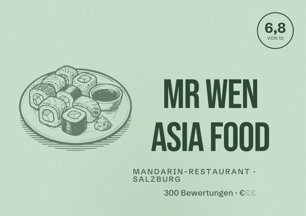 Illustriertes Poster von Mr Wen Asia Food, Mandarin-Restaurant in Salzburg: Bewertung 6,8 von 10 aus 300 Bewertungen, Preisniveau €