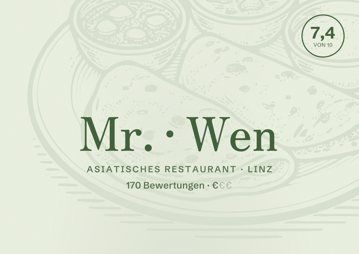 Illustriertes Poster von Mr. Wen, Asiatisches Restaurant in Linz: Bewertung 7,4 von 10 aus 170 Bewertungen, Preisniveau €