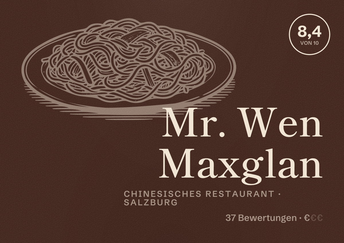 Illustriertes Poster von Mr. Wen Maxglan, Chinesisches Restaurant in Salzburg: Bewertung 8,4 von 10 aus 37 Bewertungen, Preisniveau €