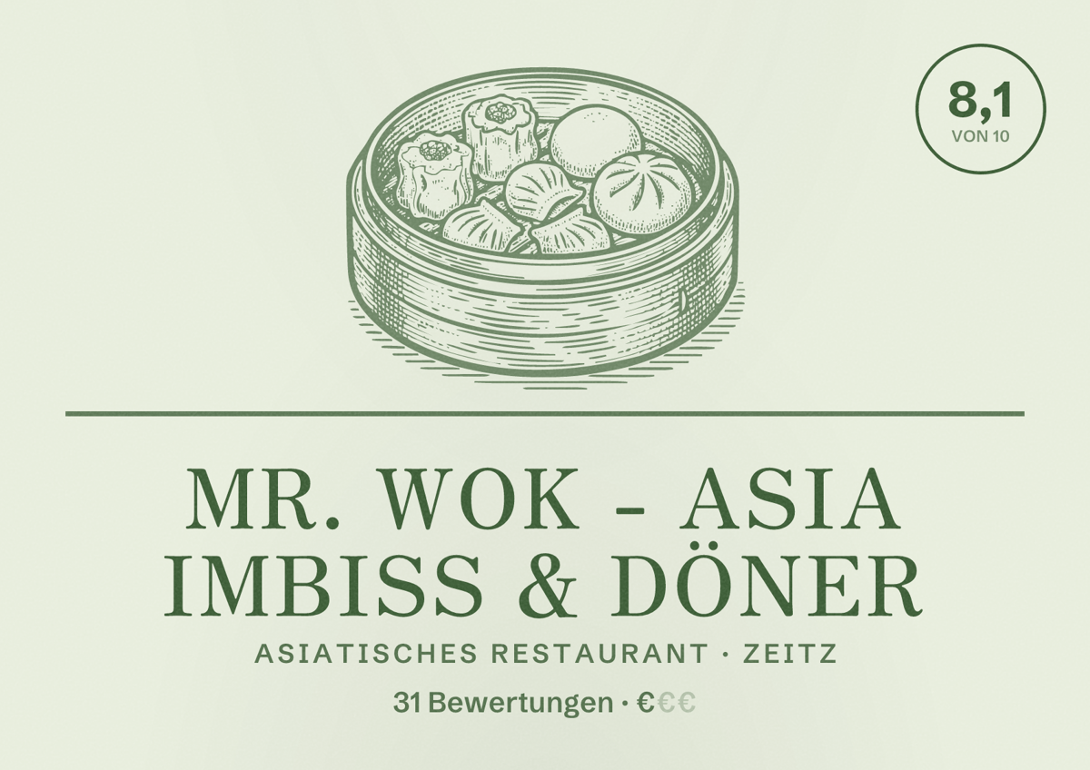 Illustriertes Poster von MR. WOK - Asia Imbiss & Döner, Asiatisches Restaurant in Zeitz: Bewertung 8,1 von 10 aus 31 Bewertungen, Preisniveau €