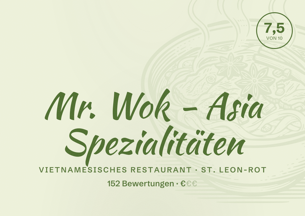 Illustriertes Poster von Mr. Wok - Asia Spezialitäten, Vietnamesisches Restaurant in St. Leon-Rot: Bewertung 7,5 von 10 aus 152 Bewertungen, Preisniveau €