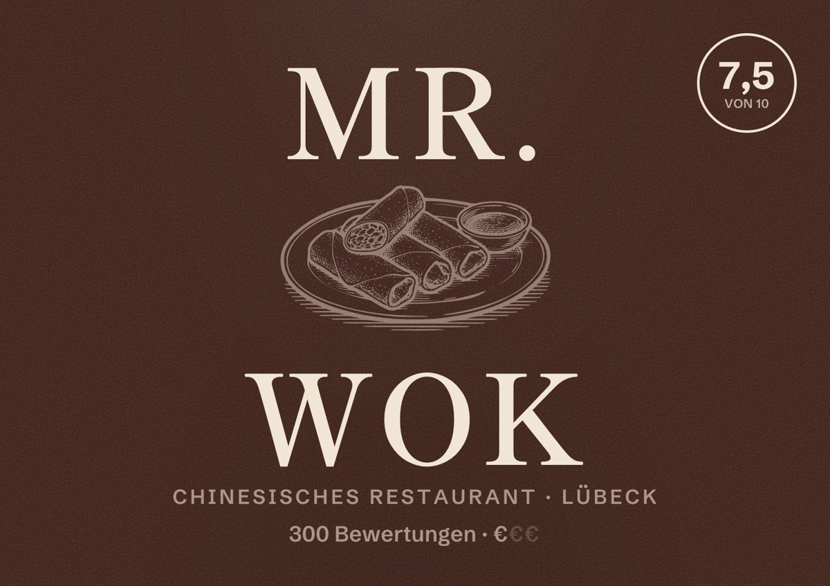 Illustriertes Poster von Mr. Wok, Chinesisches Restaurant in Lübeck: Bewertung 7,5 von 10 aus 300 Bewertungen, Preisniveau €
