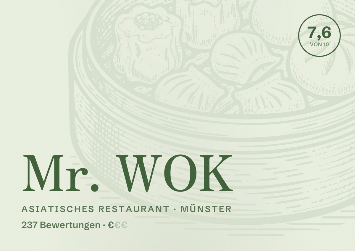 Illustriertes Poster von Mr. WOK, Asiatisches Restaurant in Münster: Bewertung 7,6 von 10 aus 237 Bewertungen, Preisniveau €