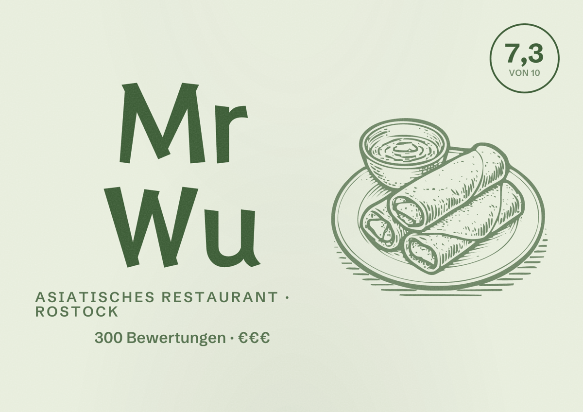 Illustriertes Poster von Mr Wu, Asiatisches Restaurant in Rostock: Bewertung 7,3 von 10 aus 300 Bewertungen, Preisniveau €€€