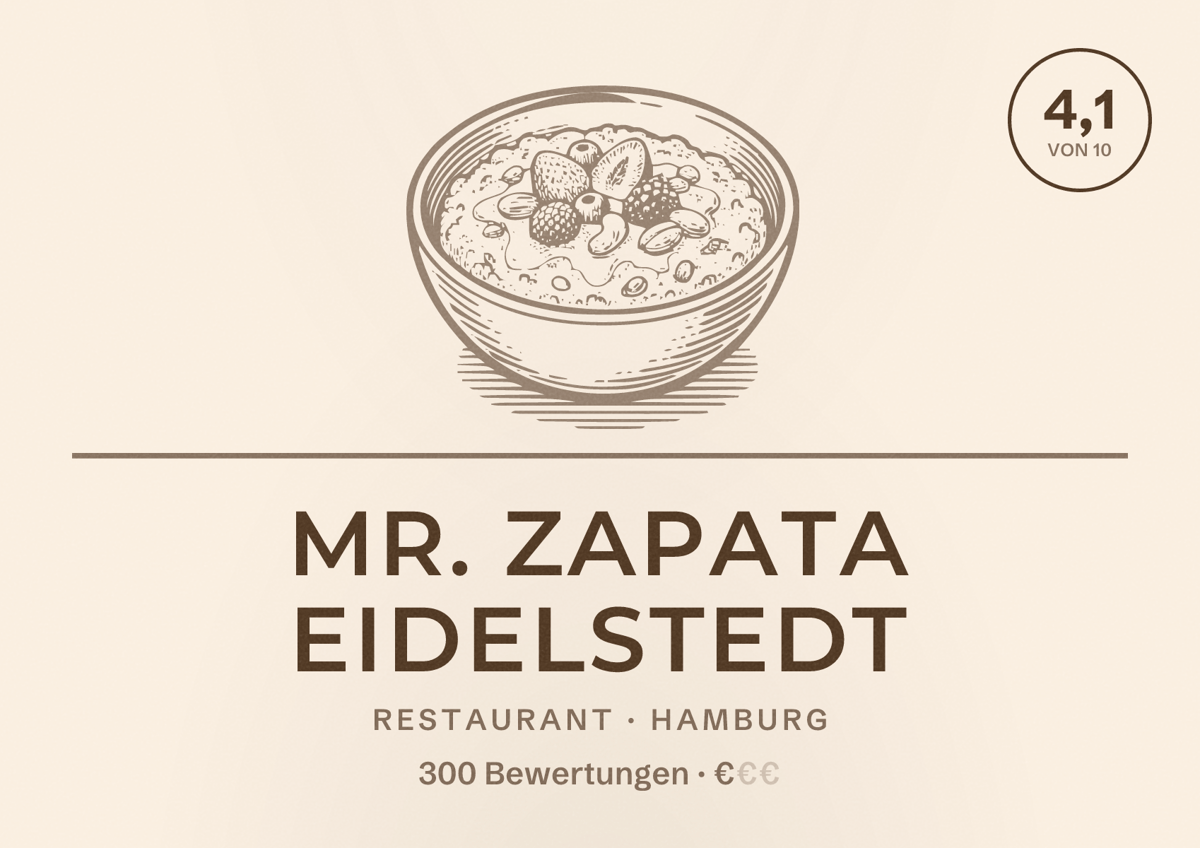 Illustriertes Poster von Mr. Zapata Eidelstedt, Restaurant in Hamburg: Bewertung 4,1 von 10 aus 300 Bewertungen, Preisniveau €