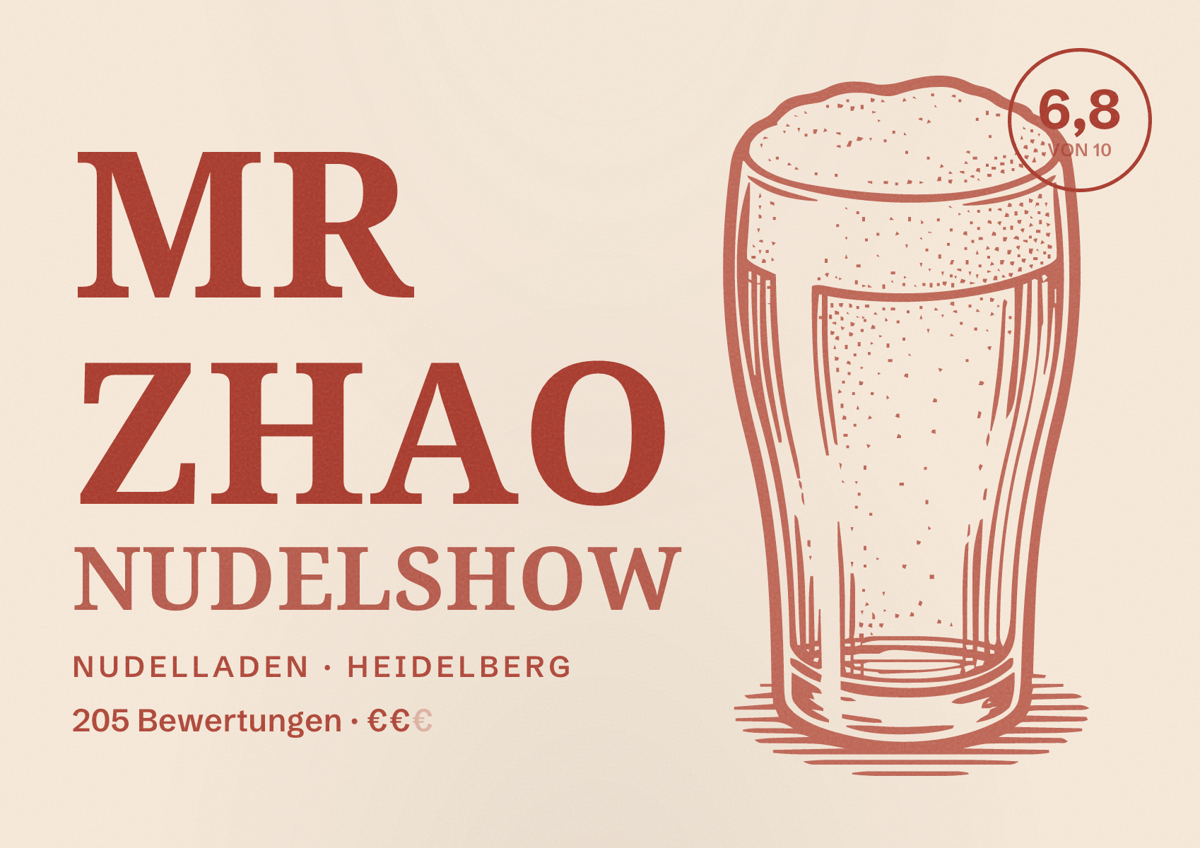 Illustriertes Poster von Mr Zhao Nudelshow, Nudelladen in Heidelberg: Bewertung 6,8 von 10 aus 205 Bewertungen, Preisniveau €€