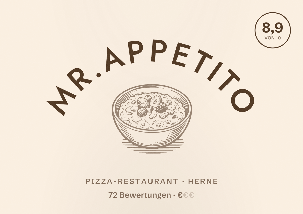 Illustriertes Poster von Mr.Appetito, Pizza-Restaurant in Herne: Bewertung 8,9 von 10 aus 72 Bewertungen, Preisniveau €