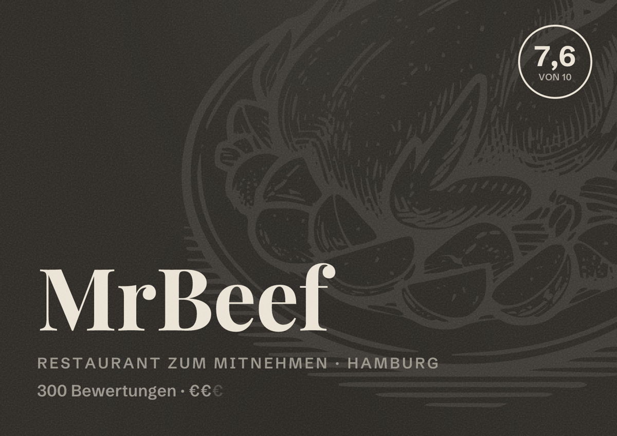 Illustriertes Poster von MrBeef, Restaurant zum Mitnehmen in Hamburg: Bewertung 7,6 von 10 aus 300 Bewertungen, Preisniveau €€