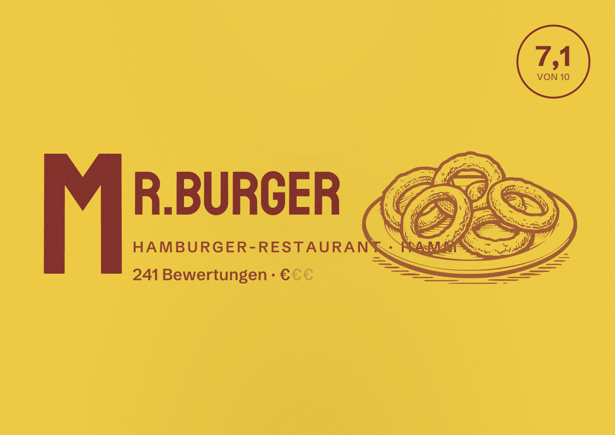 Illustriertes Poster von Mr.burger, Hamburger-Restaurant in Hamm: Bewertung 7,1 von 10 aus 241 Bewertungen, Preisniveau €