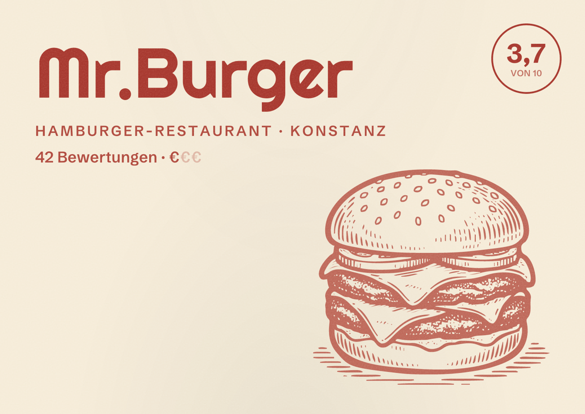 Illustriertes Poster von Mr.Burger, Hamburger-Restaurant in Konstanz: Bewertung 3,7 von 10 aus 42 Bewertungen, Preisniveau €