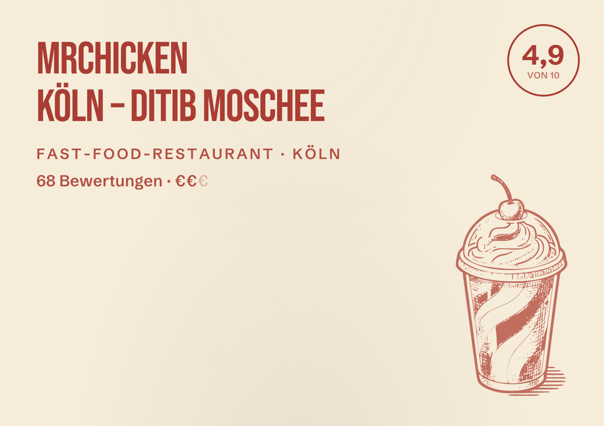 Illustriertes Poster von MrChicken Köln – DITIB Moschee, Fast-Food-Restaurant in Köln: Bewertung 4,9 von 10 aus 68 Bewertungen, Preisniveau €€