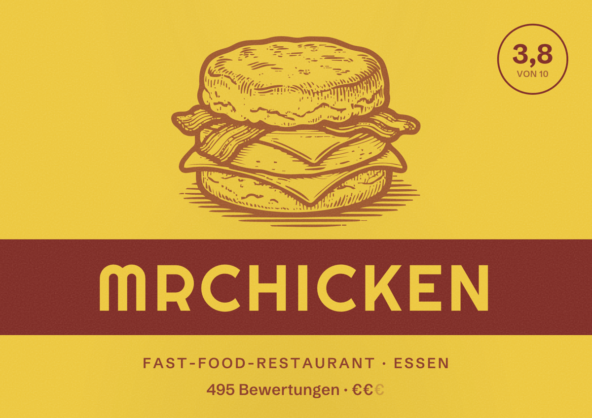 Illustriertes Poster von MrChicken, Fast-Food-Restaurant in Essen: Bewertung 3,8 von 10 aus 495 Bewertungen, Preisniveau €€