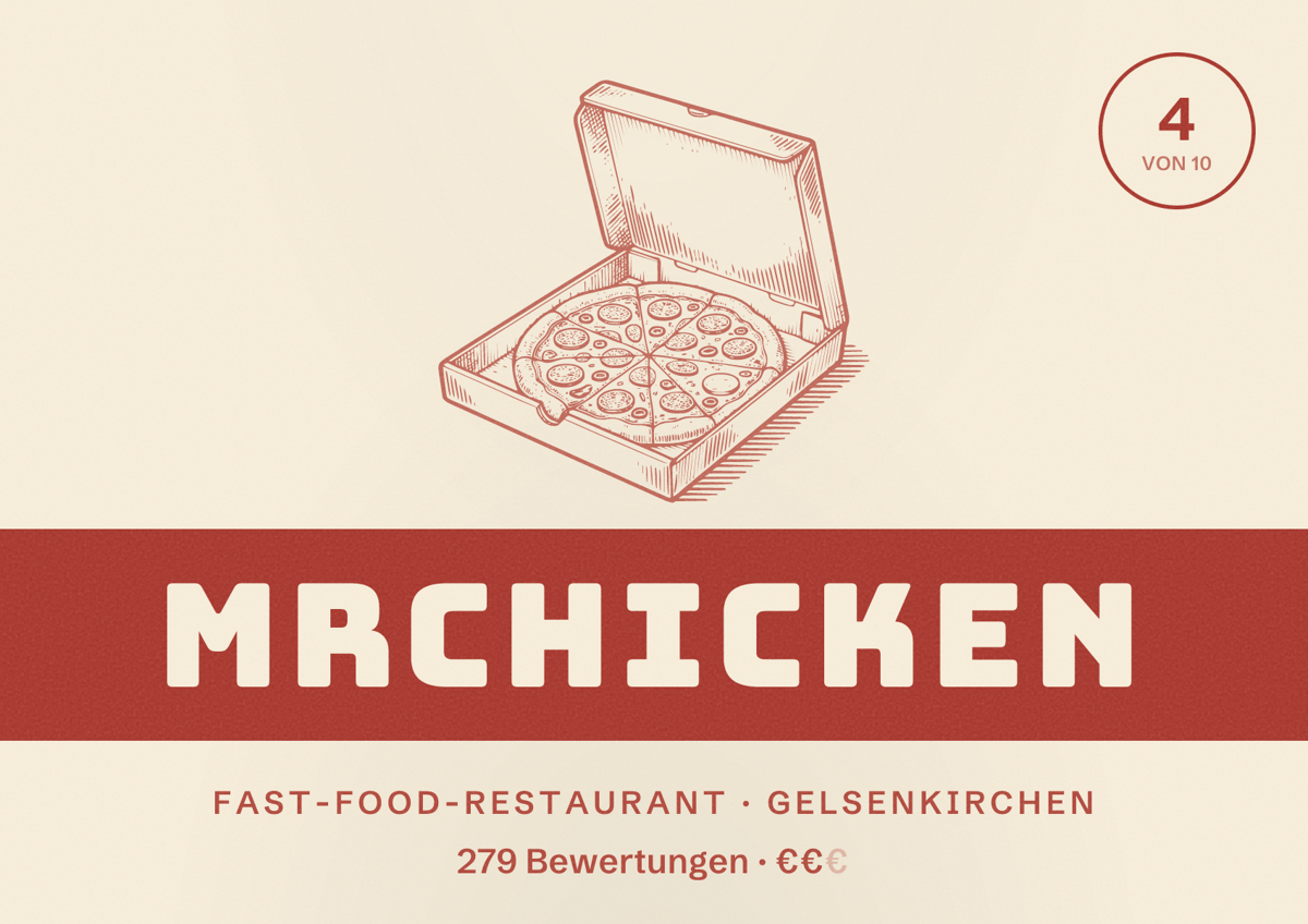 Illustriertes Poster von MrChicken, Fast-Food-Restaurant in Gelsenkirchen: Bewertung 4 von 10 aus 279 Bewertungen, Preisniveau €€