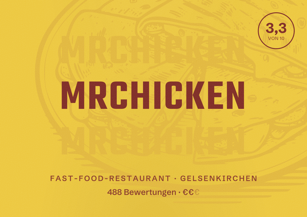 Illustriertes Poster von MrChicken, Fast-Food-Restaurant in Gelsenkirchen: Bewertung 3,3 von 10 aus 488 Bewertungen, Preisniveau €€