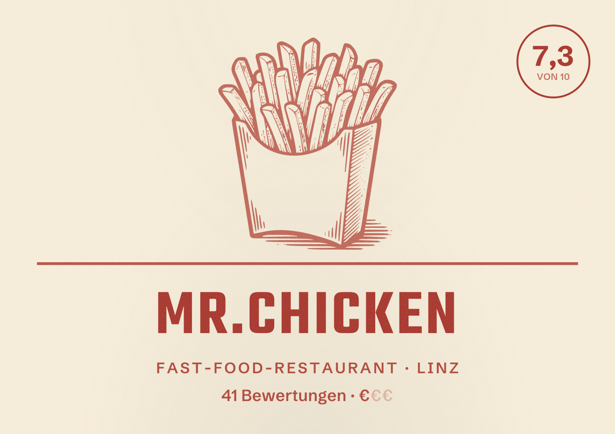 Illustriertes Poster von Mr.chicken, Fast-Food-Restaurant in Linz: Bewertung 7,3 von 10 aus 41 Bewertungen, Preisniveau €