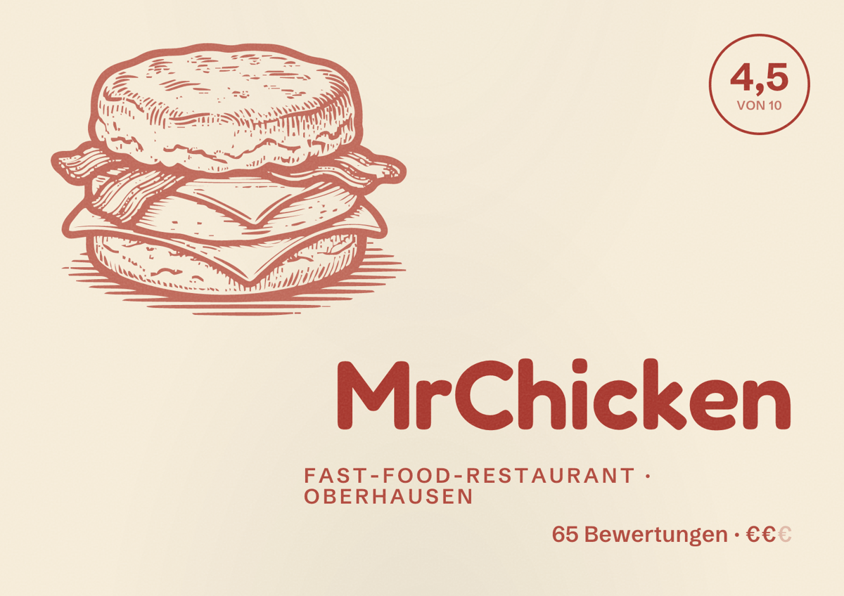 Illustriertes Poster von MrChicken, Fast-Food-Restaurant in Oberhausen: Bewertung 4,5 von 10 aus 65 Bewertungen, Preisniveau €€