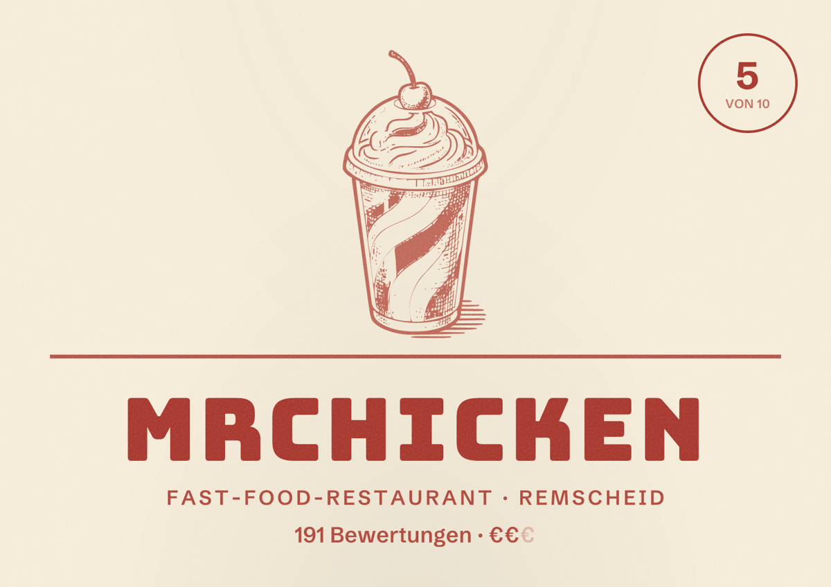 Illustriertes Poster von MrChicken, Fast-Food-Restaurant in Remscheid: Bewertung 5 von 10 aus 191 Bewertungen, Preisniveau €€