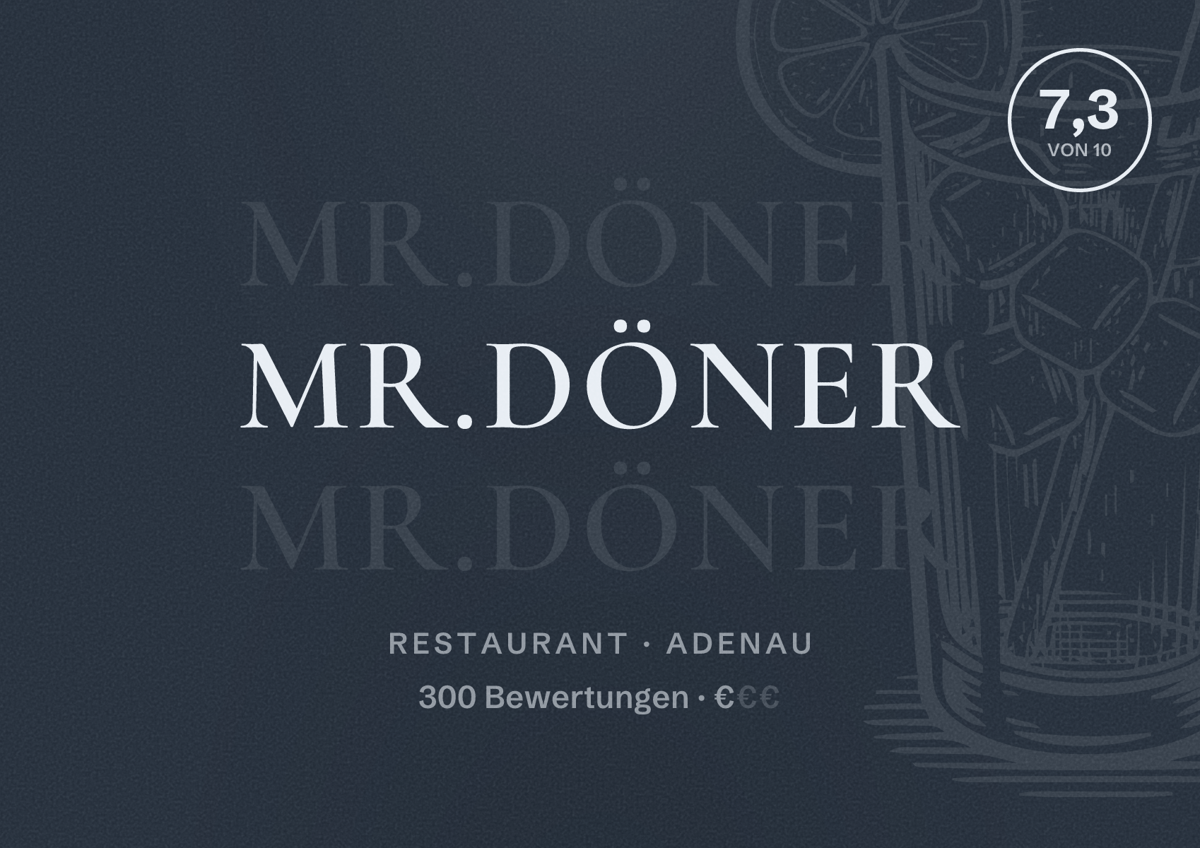 Illustriertes Poster von Mr.Döner, Restaurant in Adenau: Bewertung 7,3 von 10 aus 300 Bewertungen, Preisniveau €