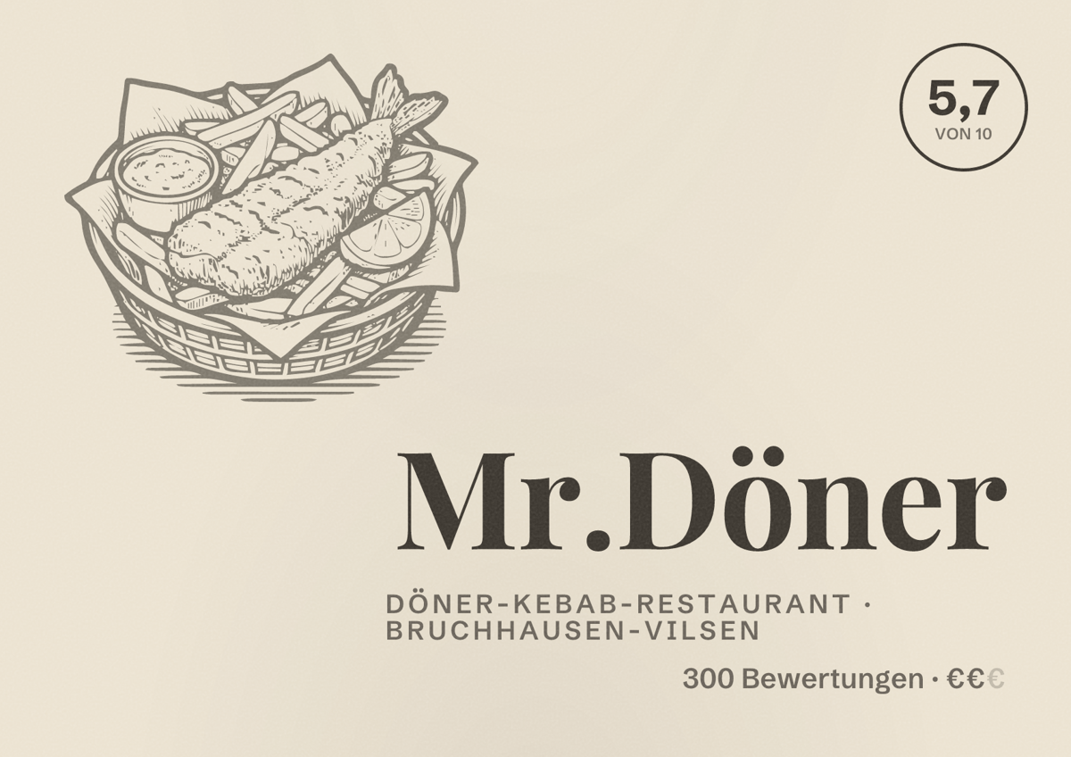 Illustriertes Poster von Mr.Döner, Döner-Kebab-Restaurant in Bruchhausen-Vilsen: Bewertung 5,7 von 10 aus 300 Bewertungen, Preisniveau €€