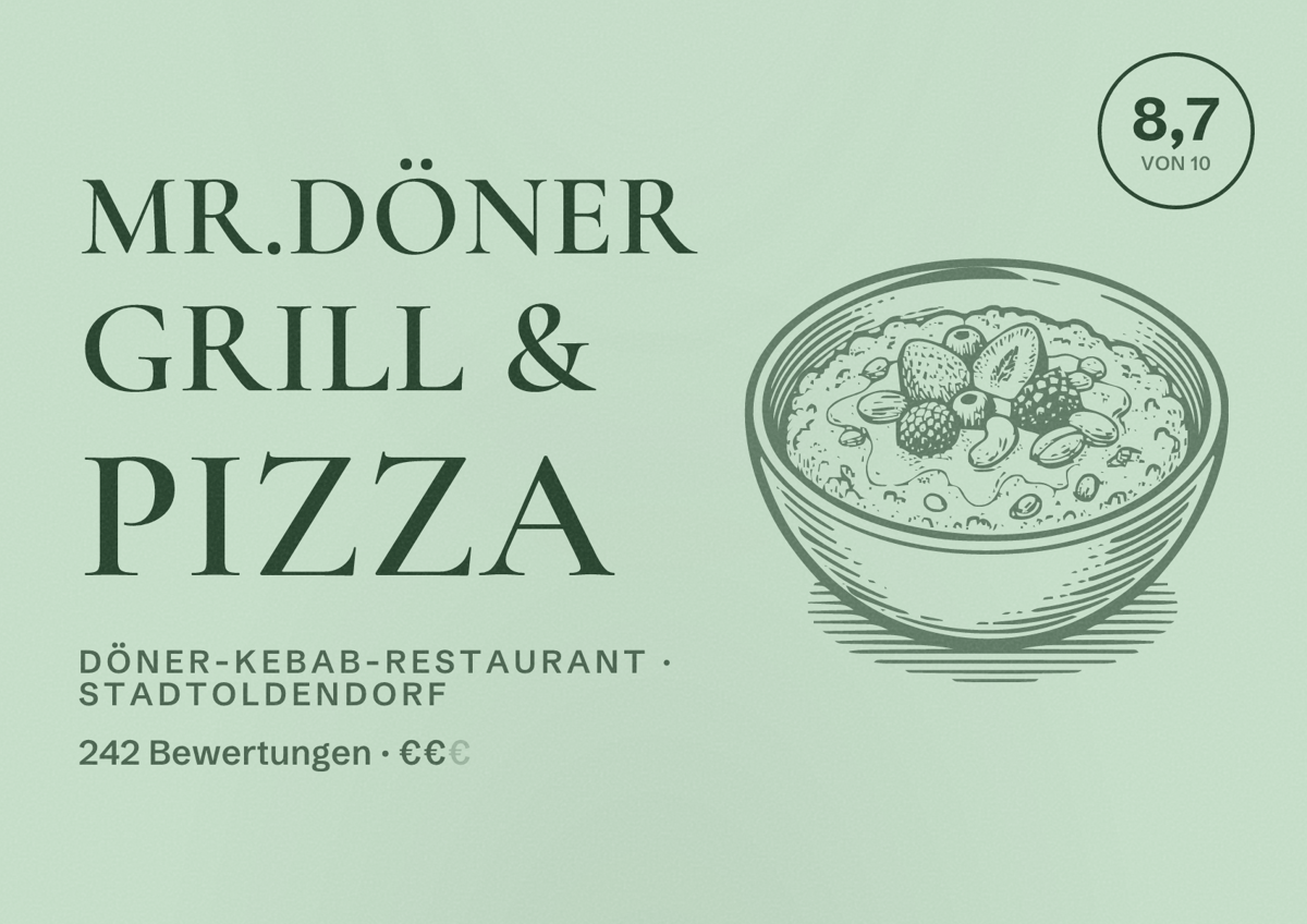 Illustriertes Poster von Mr.Döner Grill & Pizza, Döner-Kebab-Restaurant in Stadtoldendorf: Bewertung 8,7 von 10 aus 242 Bewertungen, Preisniveau €€