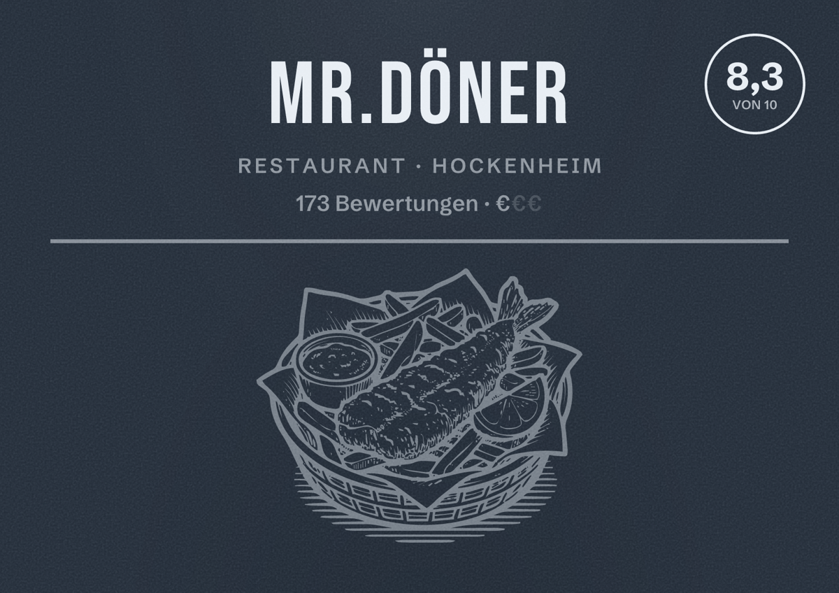 Illustriertes Poster von Mr.Döner, Restaurant in Hockenheim: Bewertung 8,3 von 10 aus 173 Bewertungen, Preisniveau €