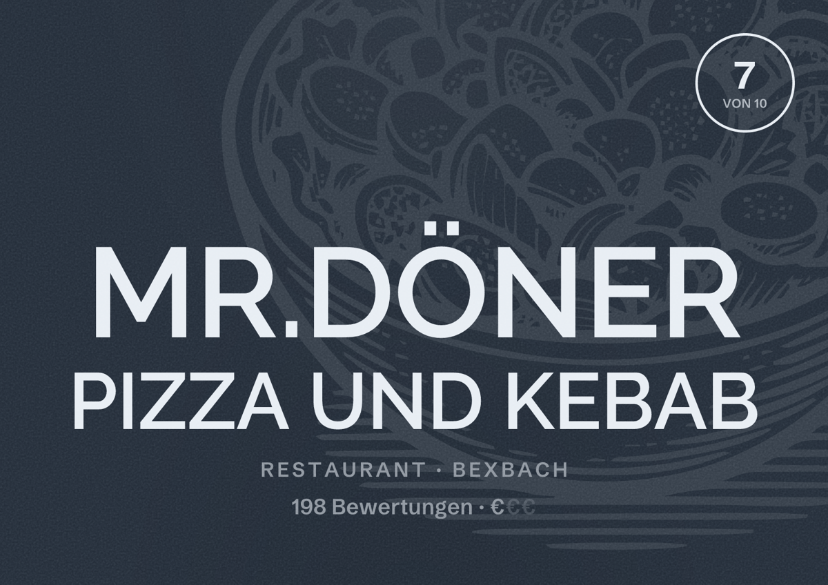 Illustriertes Poster von MR.DÖNER PIZZA UND KEBAB, Restaurant in Bexbach: Bewertung 7 von 10 aus 198 Bewertungen, Preisniveau €