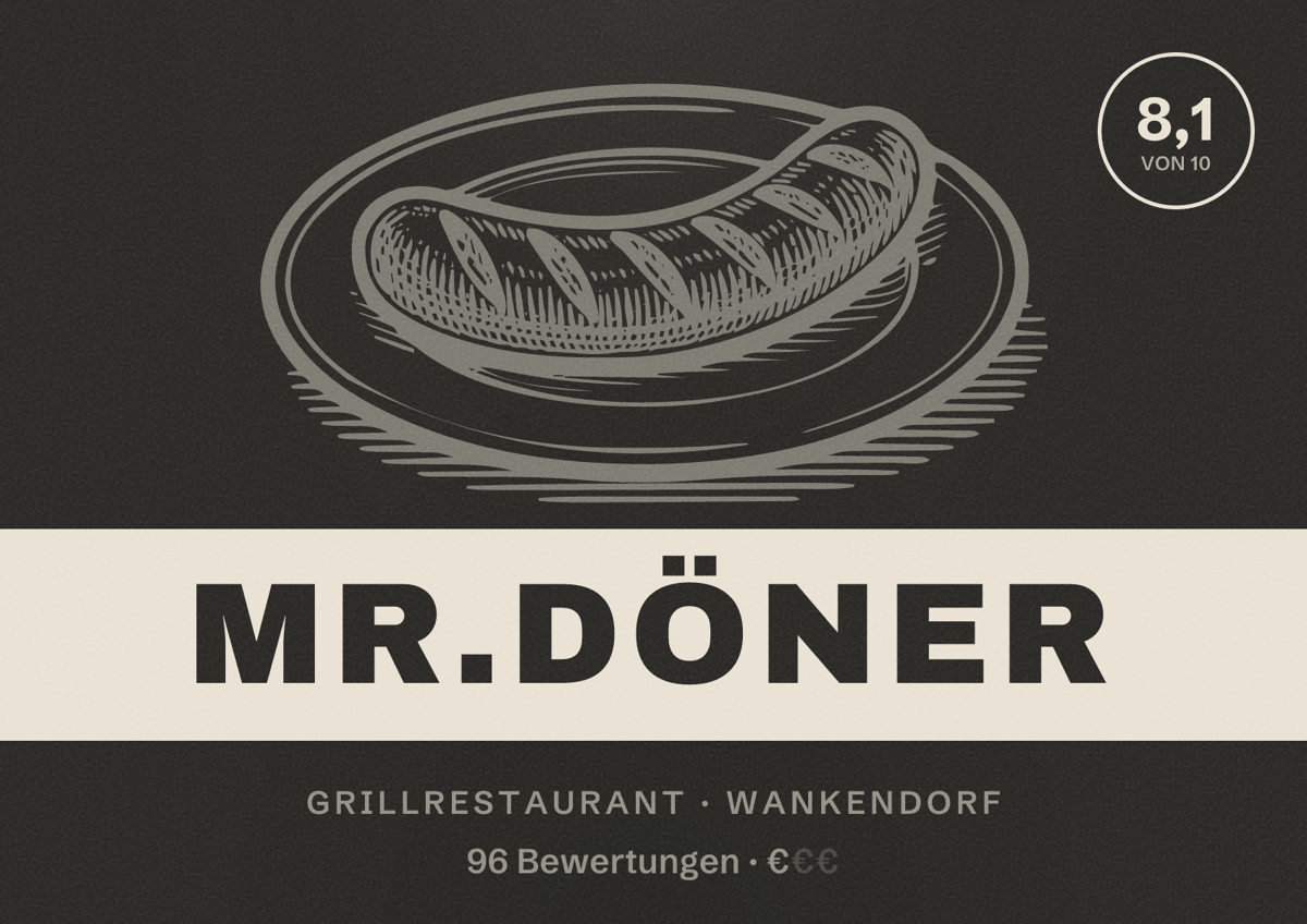Illustriertes Poster von Mr.Döner, Grillrestaurant in Wankendorf: Bewertung 8,1 von 10 aus 96 Bewertungen, Preisniveau €
