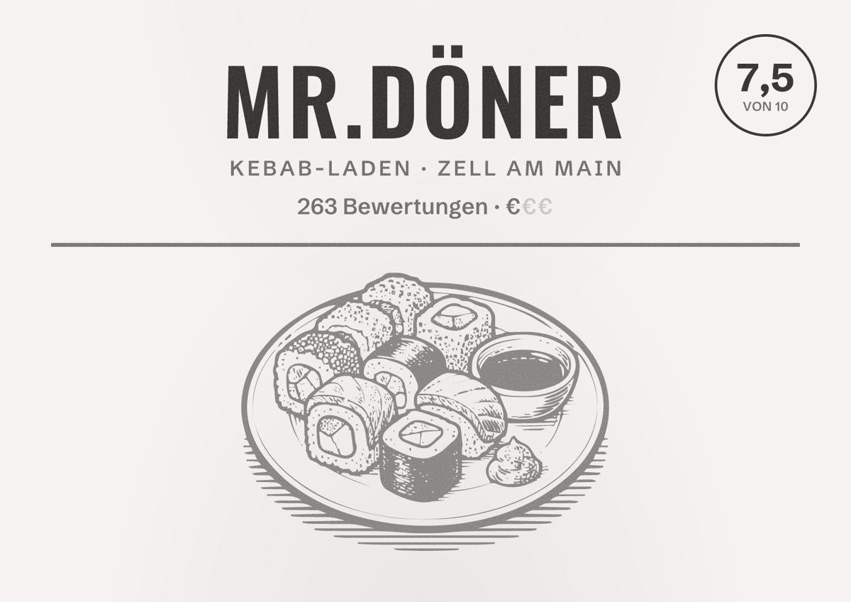 Illustriertes Poster von Mr.döner, Kebab-Laden in Zell am Main: Bewertung 7,5 von 10 aus 263 Bewertungen, Preisniveau €