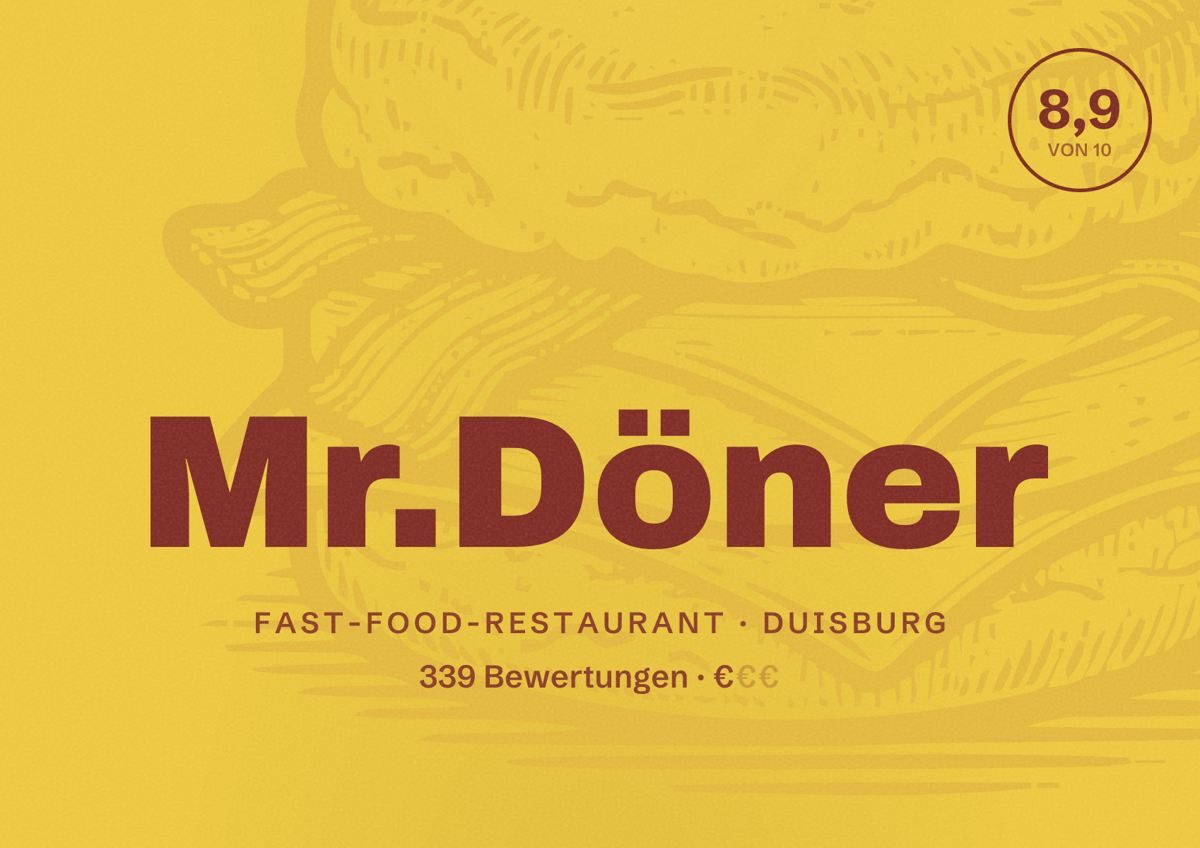 Illustriertes Poster von Mr.Döner, Fast-Food-Restaurant in Duisburg: Bewertung 8,9 von 10 aus 339 Bewertungen, Preisniveau €