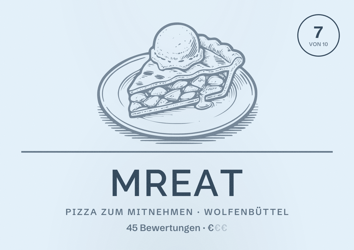 Illustriertes Poster von MrEat, Pizza zum Mitnehmen in Wolfenbüttel: Bewertung 7 von 10 aus 45 Bewertungen, Preisniveau €