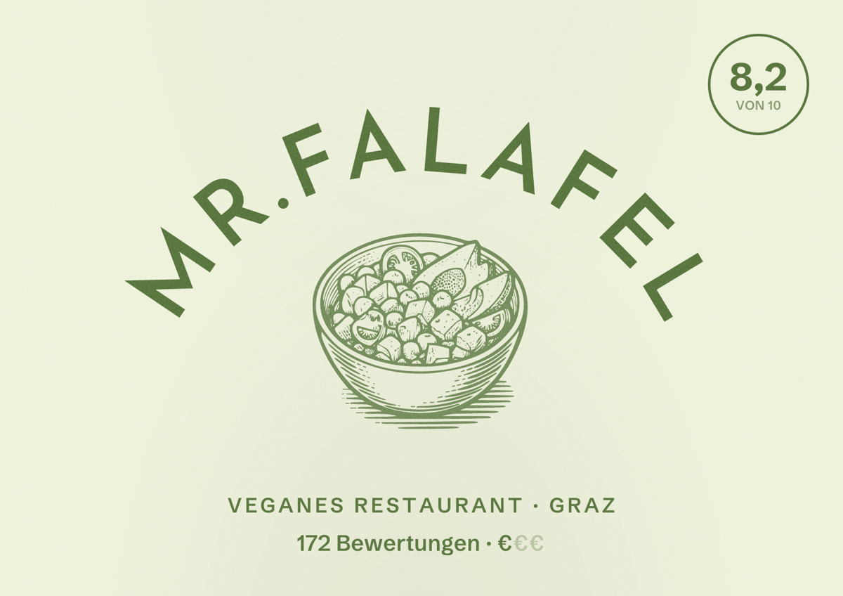 Illustriertes Poster von Mr.Falafel, Veganes Restaurant in Graz: Bewertung 8,2 von 10 aus 172 Bewertungen, Preisniveau €