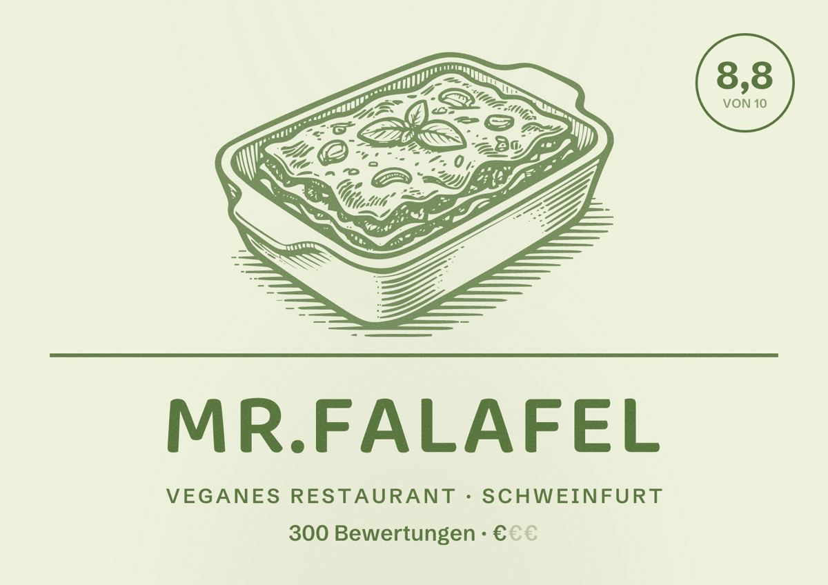 Illustriertes Poster von Mr.Falafel, Veganes Restaurant in Schweinfurt: Bewertung 8,8 von 10 aus 300 Bewertungen, Preisniveau €