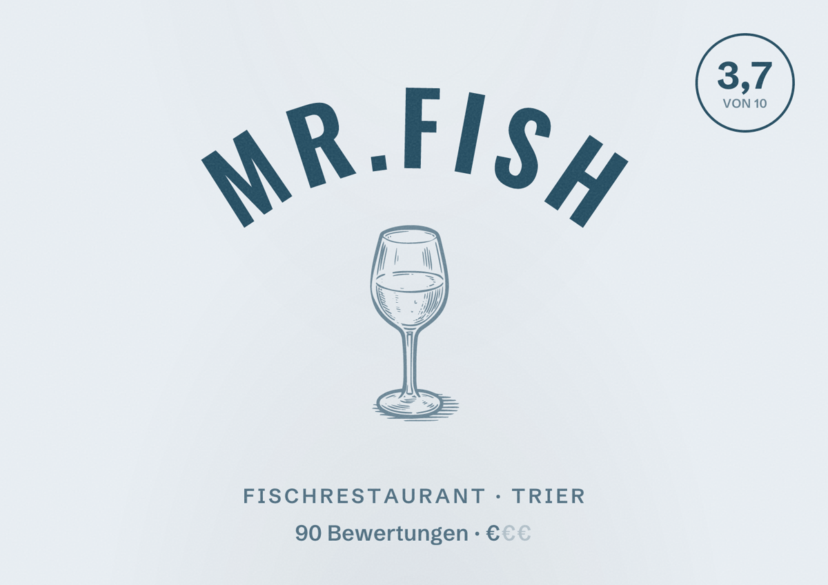 Illustriertes Poster von Mr.Fish, Fischrestaurant in Trier: Bewertung 3,7 von 10 aus 90 Bewertungen, Preisniveau €