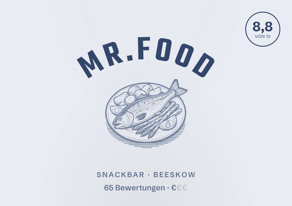 Illustriertes Poster von Mr.FOOD, Snackbar in Beeskow: Bewertung 8,8 von 10 aus 65 Bewertungen, Preisniveau €