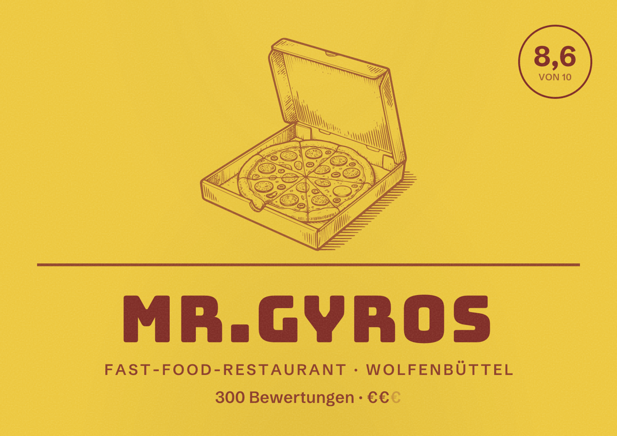 Illustriertes Poster von Mr.Gyros, Fast-Food-Restaurant in Wolfenbüttel: Bewertung 8,6 von 10 aus 300 Bewertungen, Preisniveau €€