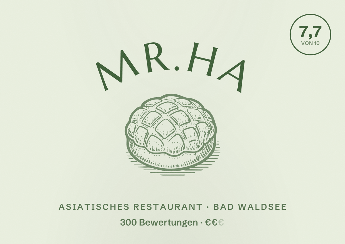 Illustriertes Poster von Mr.Ha, Asiatisches Restaurant in Bad Waldsee: Bewertung 7,7 von 10 aus 300 Bewertungen, Preisniveau €€