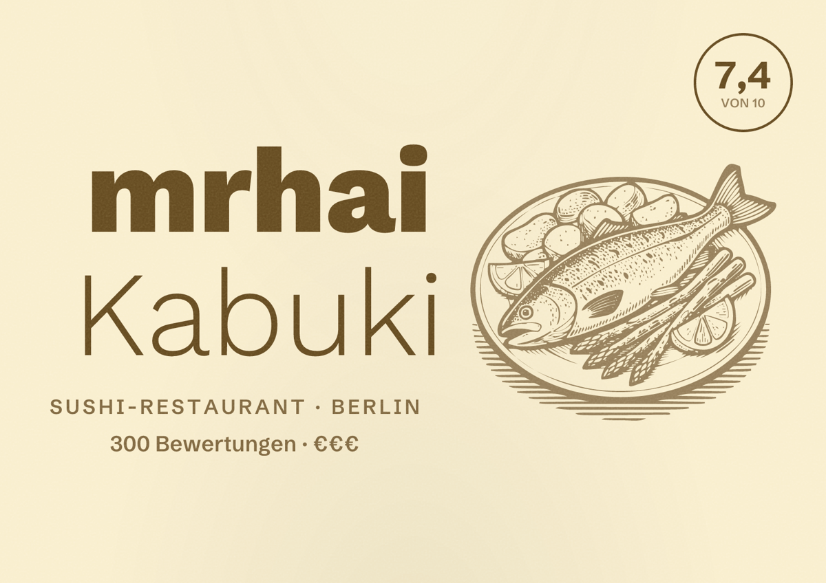 Illustriertes Poster von mrhai Kabuki, Sushi-Restaurant in Berlin: Bewertung 7,4 von 10 aus 300 Bewertungen, Preisniveau €€€