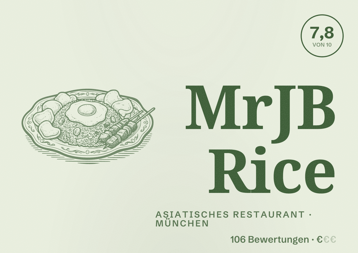 Illustriertes Poster von MrJB Rice, Asiatisches Restaurant in München: Bewertung 7,8 von 10 aus 106 Bewertungen, Preisniveau €