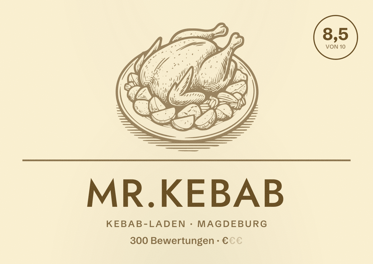 Illustriertes Poster von Mr.Kebab, Kebab-Laden in Magdeburg: Bewertung 8,5 von 10 aus 300 Bewertungen, Preisniveau €