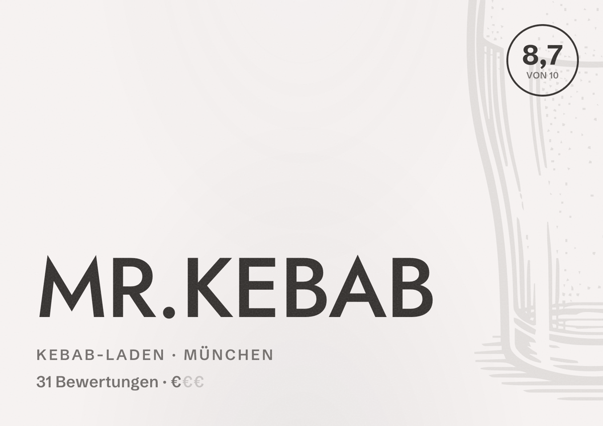 Illustriertes Poster von MR.KEBAB, Kebab-Laden in München: Bewertung 8,7 von 10 aus 31 Bewertungen, Preisniveau €