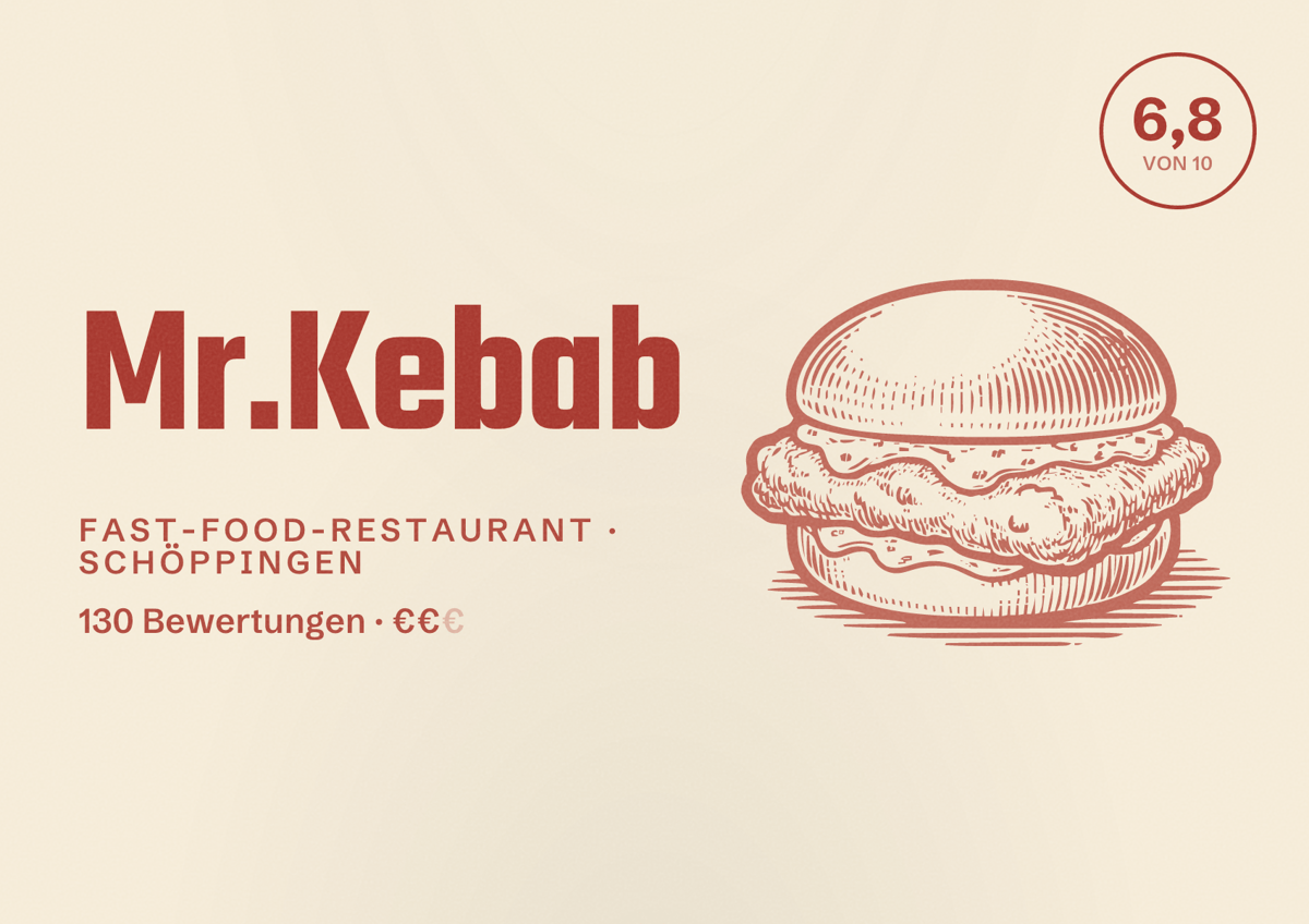 Illustriertes Poster von Mr.Kebab, Fast-Food-Restaurant in Schöppingen: Bewertung 6,8 von 10 aus 130 Bewertungen, Preisniveau €€