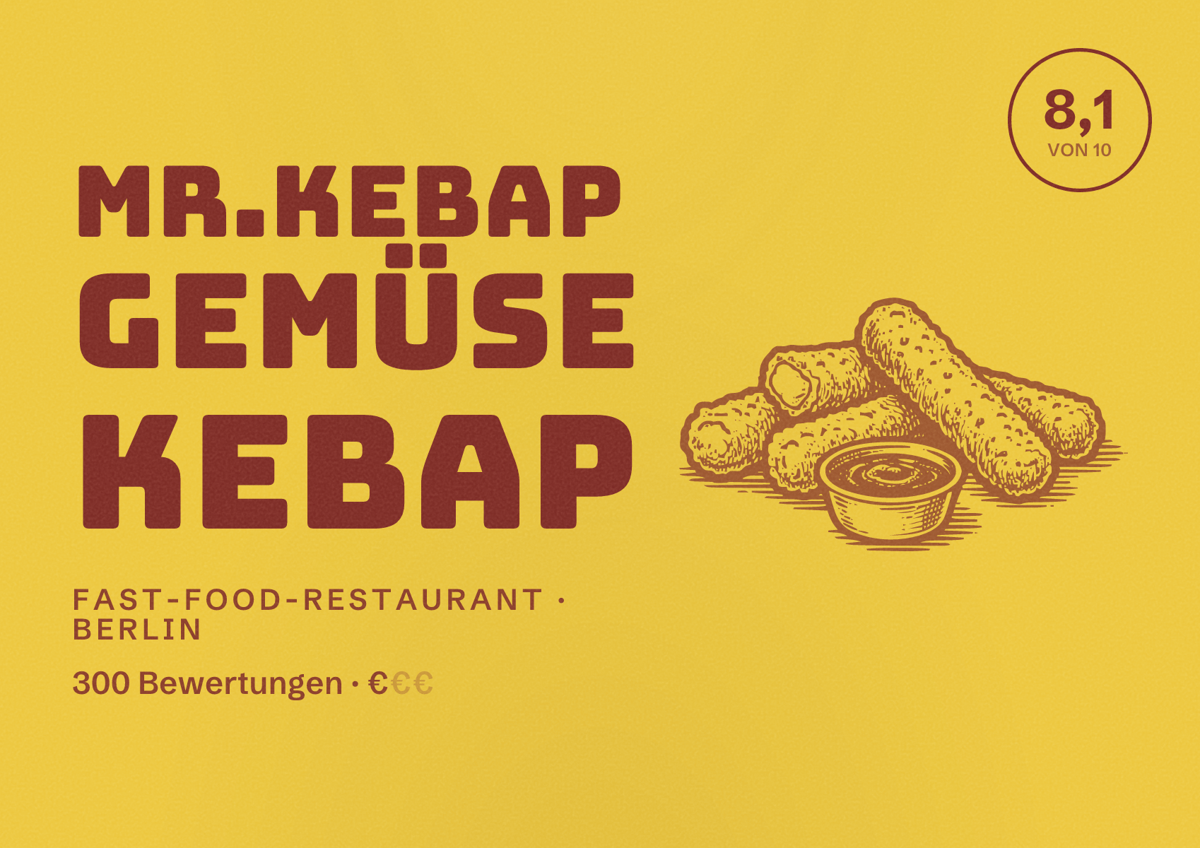 Illustriertes Poster von Mr.Kebap Gemüse Kebap, Fast-Food-Restaurant in Berlin: Bewertung 8,1 von 10 aus 300 Bewertungen, Preisniveau €