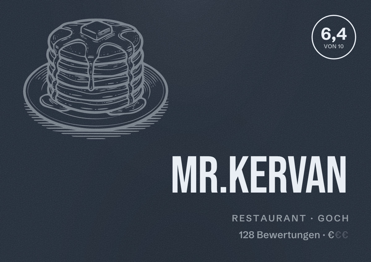 Illustriertes Poster von Mr.Kervan, Restaurant in Goch: Bewertung 6,4 von 10 aus 128 Bewertungen, Preisniveau €